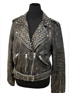 All Saints Black Washed Leather Jacket with Studded Collar